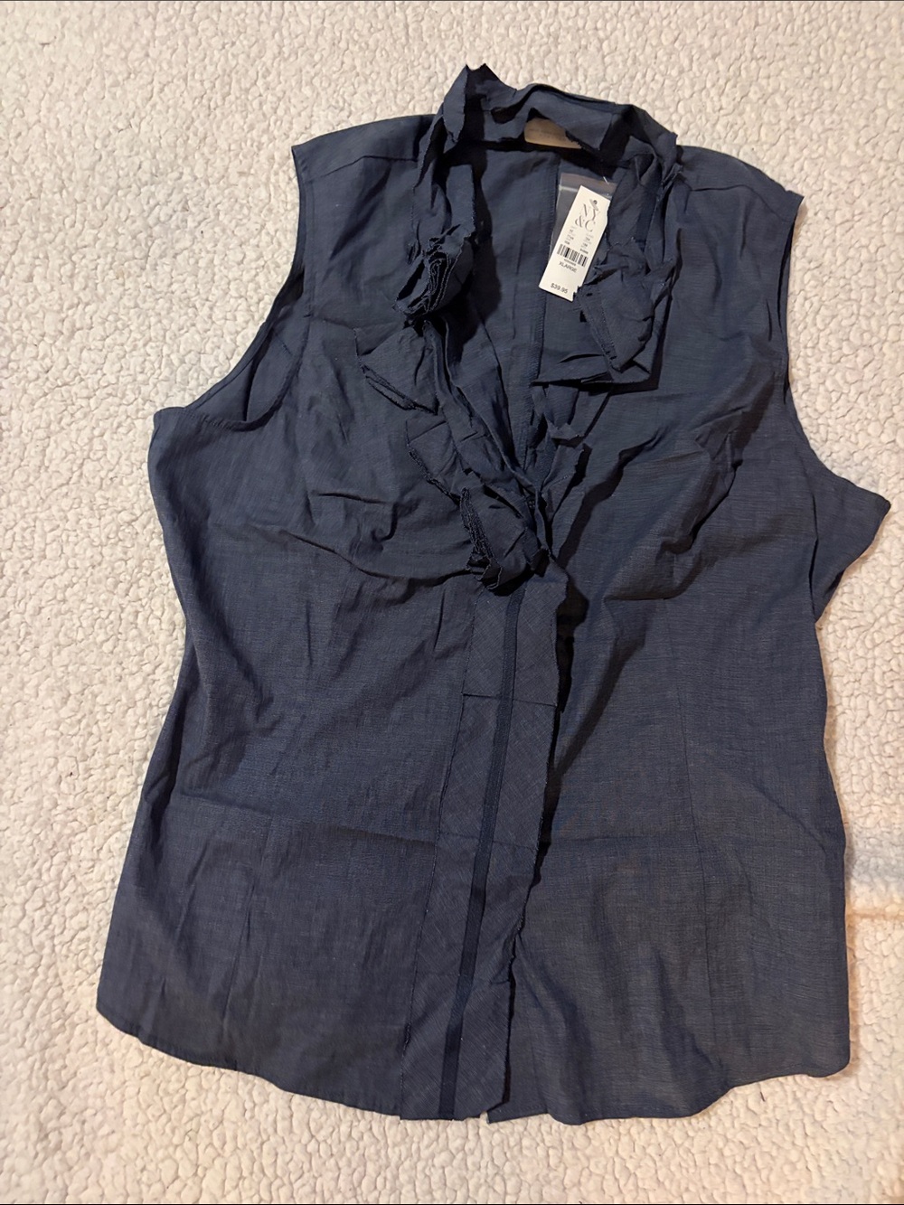 New York & Company Navy Sleeveless Ruffle-Trim Blouse